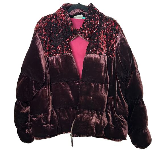 Anthropologie Maeve Coat Vera Sequined Velvet Wine Red Zip Up Puffer Size 2X - Picture 7 of 8